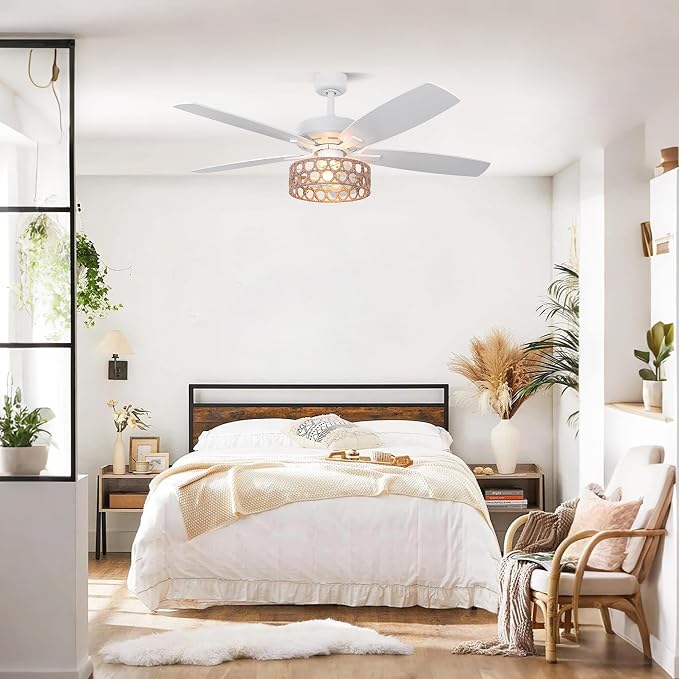 52 Inch Farmhouse Ceiling Fan with Light and Remote, Vintage Caged Ceiling Fan for Living Room, 6-Speed Adjustable & Reversible Quiet DC Motor, Dual Finish 5 Blades, White