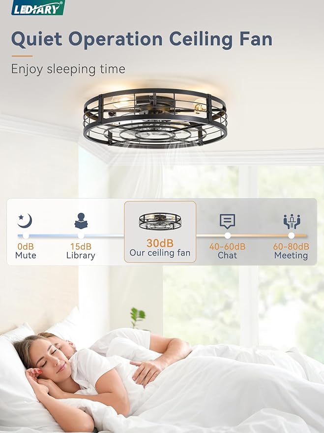 LEDIARY 26" Caged Ceiling Fan with Light and Remote, Low Profile Flush Mount Fandelier, Black Bladeless Enclosed Small Fan Lights Ceiling Fixtures, Rustic Farmhouse Style for Bedroom, Outdoor