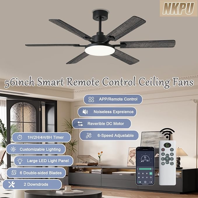 NKPU 56 Inch Ceiling Fans with Lights, Modern Black Ceiling Fan with Light and Remote Control, 6 Double Sided Blades, 6 Speed Reversible Motor, Dimmable LED, Silent Timing, Indoor Outdoor Patio Use