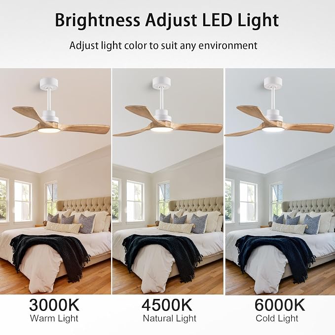 42-inch Quiet 3-Blade Solid Wood Ceiling Fan with Light and Remote Control | 3CCT dimming and color temperature adjustment, mobile app, full memory function, for use in the living room and bedroom