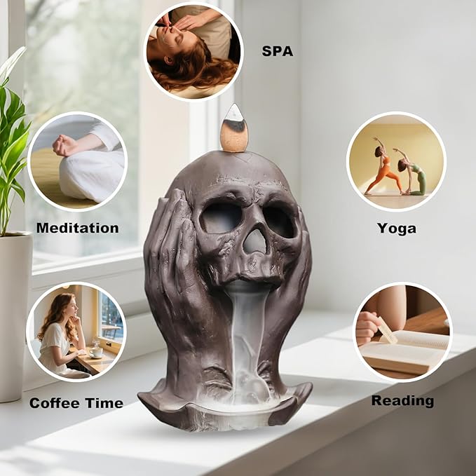 Comeon Skull Decor Incense Stick Holder Reverse Flow Censer Waterfall Burner Set + Backflow Incense Cones, Incense Sticks, Tweezers, and Mat