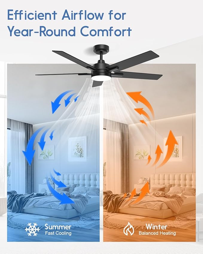 52 Inch Smart Ceiling Fans with Lights, Compatible with Alexa/Remote/APP, Downrod Mount, Reversible DC Motor, High CFM, 5 Blades, 6 Speeds, 3CCT, Dimmable, for Bedroom, Living Room, Black