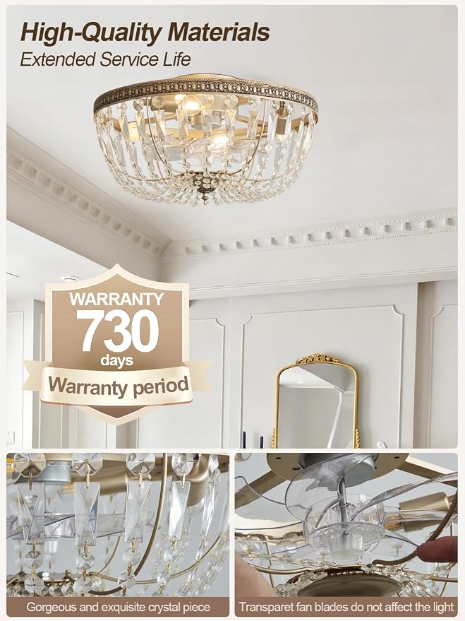 20" Flush Mount Fandelier Ceiling Fan with Light, Crystal Gold Fandelier Ceiling Fan with Light Remote Control, Vintage French Country Caged with 6 Speeds for Bedroom, Living Room, Foyer, Nursery