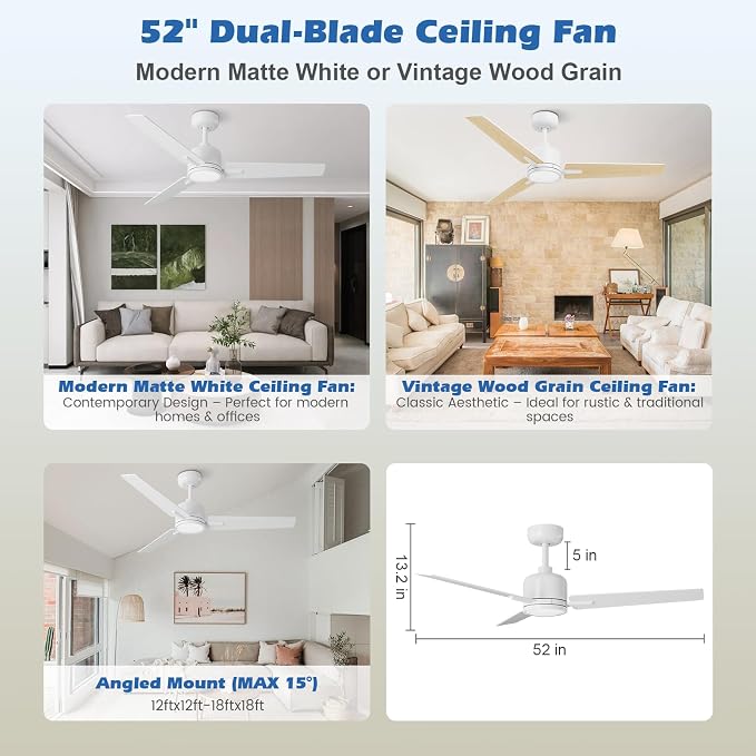 52 inch Ceiling Fans with Lights and Remote, Dimmable 3 Color temperatures LED, Reversible with Quiet DC Motor, 3 Blade High CFM Indoor Outdoor Modern Ceiling Fan for Bedroom Living Room (White)