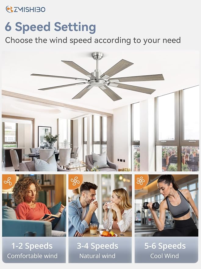 ZMISHIBO 62 Inch Ceiling Fan No Light with Remote Control, 8 Blades Quiet DC Reversible Motor, 6-Speed, Timer, Brushed Nickel Finish, Indoor Outdoor Ceiling Fans for Patios, Living Room, Garage