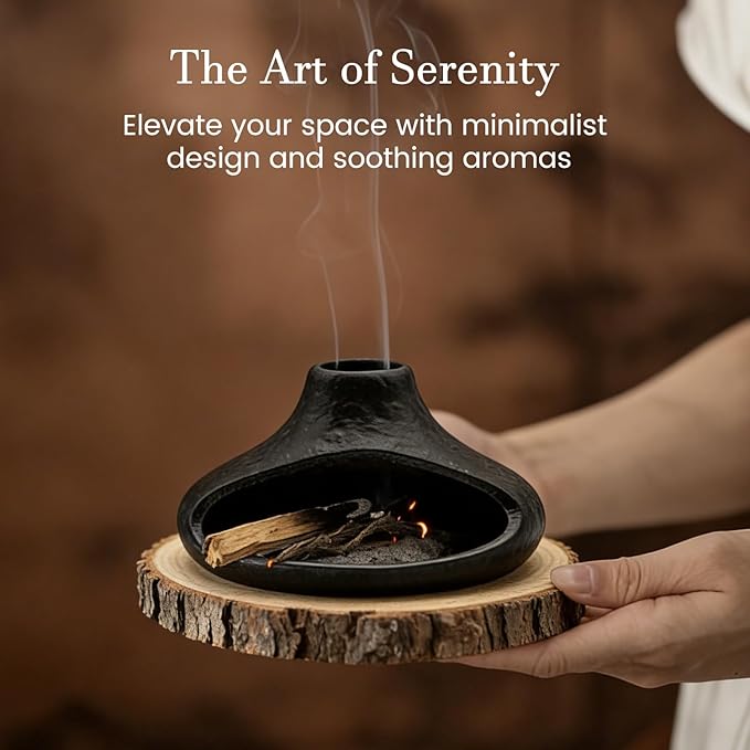 Palo Santo Holder Ceramic Incense Burner - Ash Catcher for Palo-Santo Sticks, Sage Bundles, Incense Cones, Fireplace Style Smudge Bowl for Meditation Yoga Home Decor - Black