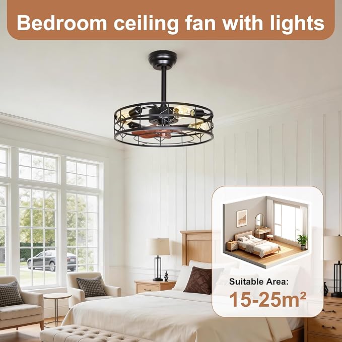 TCL 20 Inch Caged Ceiling Fans with Lights and Remote, Low Profile Flush Mount Fandelier, Rustic Farmhouse Style Ceiling Fans for Bedroom,Kitchen,Living Room,Easy to Install