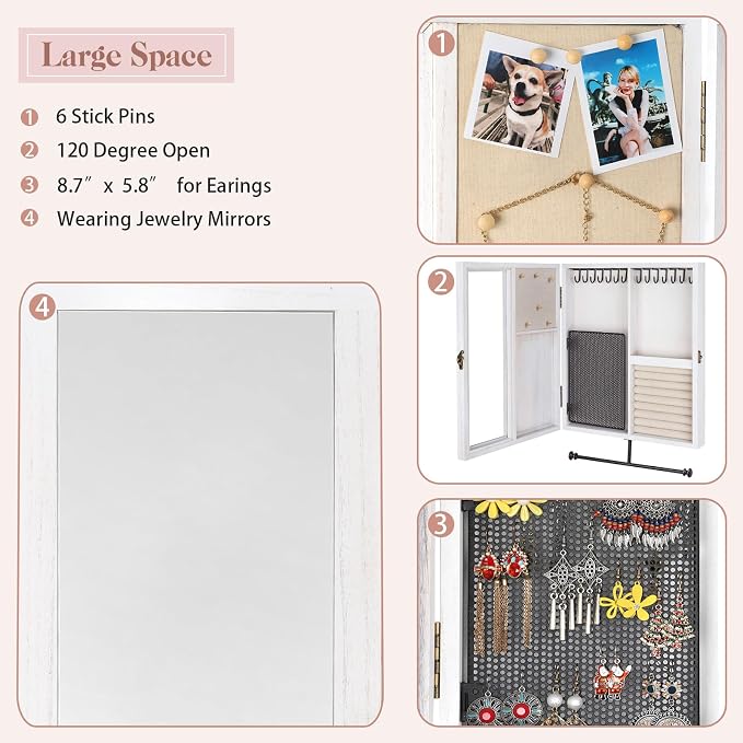 Keebofly Wall Jewelry Organizer Cabinet with Mirror,Rustic Wood Storage for Necklaces, Earrings, Bracelets & Rings, Large-Capacity Hanging Cabinet – White