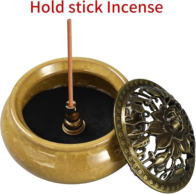 Miupoo Incense Burner and Cone Incense Holder with Brass Incense Stick Holder Ceramic Ash Catcher,Yellow