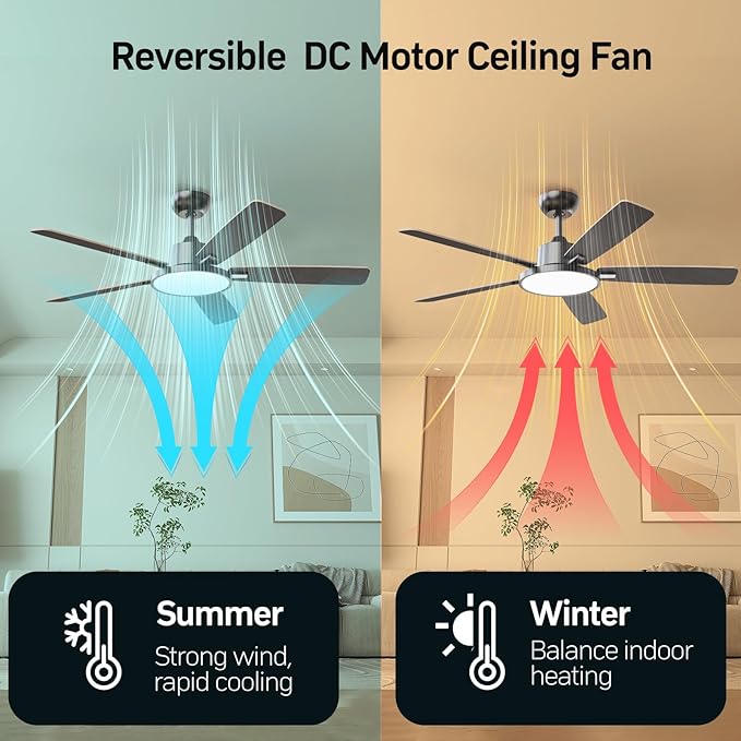 TALOYA 52 Inch Black Walnut Smart Ceiling Fans with Lights Led Remote Control Flush Mount Low Profile for Bedroom Living Dining Room Outdoor Patio,Reversible,DC Motor,3 Color Temperatures,5 Blades