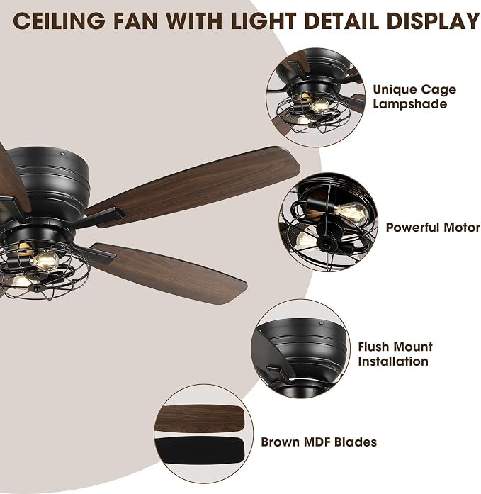 48" Flush Mount Farmhouse Ceiling Fans with Lights and Remote, 6-Speed Quiet Reversible Motor, Timing Function Low Profile Ceiling Fan for Bedroom Living Room Patio
