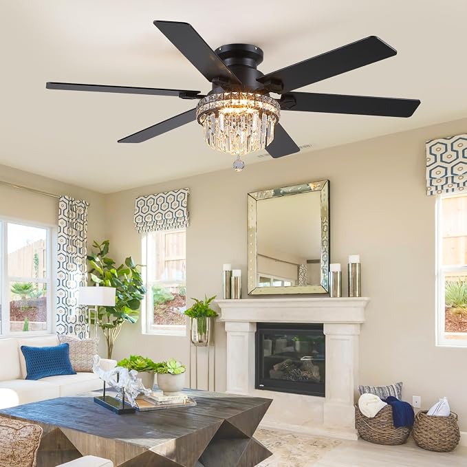 Asyko 52" Low Profile Crystal Ceiling Fans with LED Lights and Remote/APP | Supports Remote and APP,Reversible 6 Wind Speeds,30W Quiet DC Motor,6 Wood Blades,Dimmable 30W LED,Suits for Bedroom Kitchen