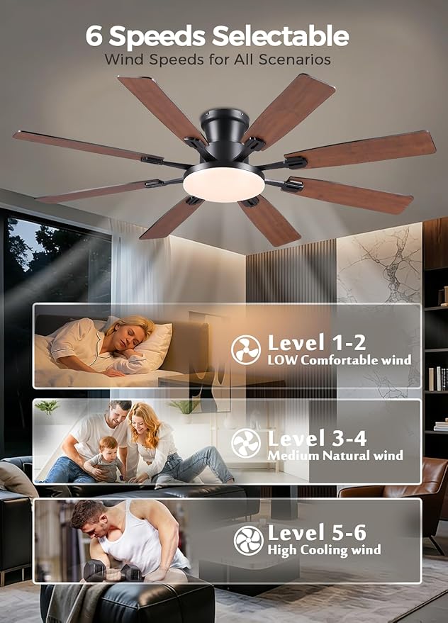 JSAITEE 60Inch Ceiling Fan with Lights, Large Low Profile Flush Mount,Brown | Ceiling Fans,DC Reversible Motor Noiseless, 3CCT Dimmable, Dual Finish, 6 Speeds Ceiling Fan for Indoor/Outdoor