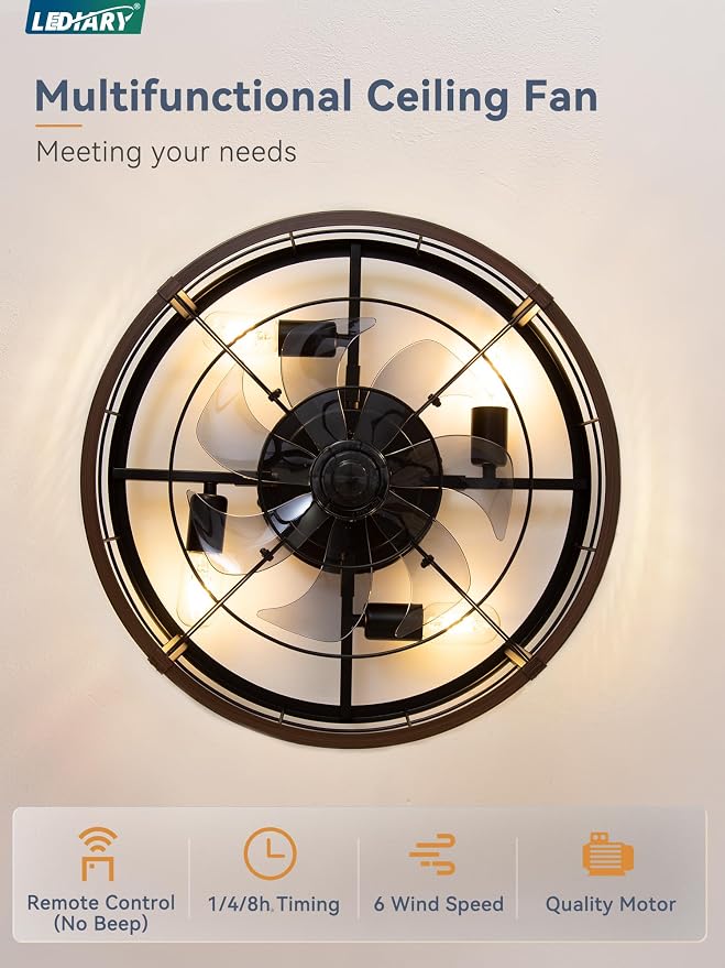 LEDIARY 20" Caged Ceiling Fan with Light and Remote, Low Profile Flush Mount Fandelier, Walnut Bladeless Enclosed Small Fan Lights Ceiling Fixtures, Rustic Farmhouse Style for Bedroom, Outdoor