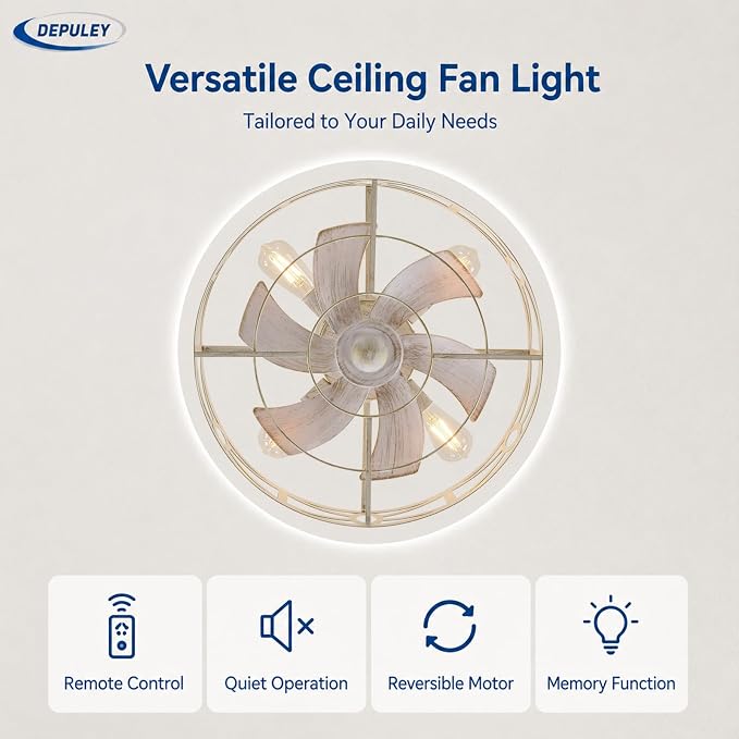 Depuley Caged Ceiling Fans with Light: 20-Inch Cement Enclosed Farmhouse Fandelier for Kitchen Bedroom - Industrial Semi Flush Mount Ceiling Fan with Remote 6 Speeds Reversible Motor Timer