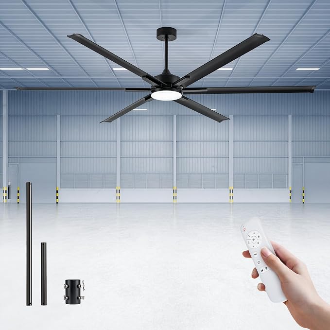 84In Large Ceiling Fan with Black Aluminum Blades,Industrial Ceiling Fan with Dimmable Light,12"/24" Downrod,Extension Coupler,6 Speed,Noiseless DC Motor Indoor Outdoor Covered Patio,Commercial