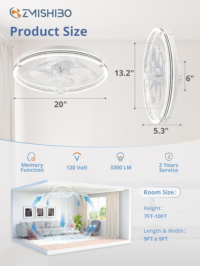 ZMISHIBO Ceiling Fan with Light and remote, 20'' Low Profile Ceiling Fans | Flush Mount Modern Ceiling Fan and Remote Control, 3000K-7000K Dimmable, Modern Fandelier for Bedroom, Living Room