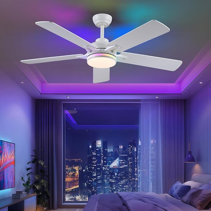 Kviflon 52 Inch Ceiling Fans with Lights, Modern RGB Ceiling Fans, White Ceiling Fan with Light for Bedroom Living Room, Remote/APP Control, Reversible Quiet DC Motor, Dimmable LED, Wooden Blades