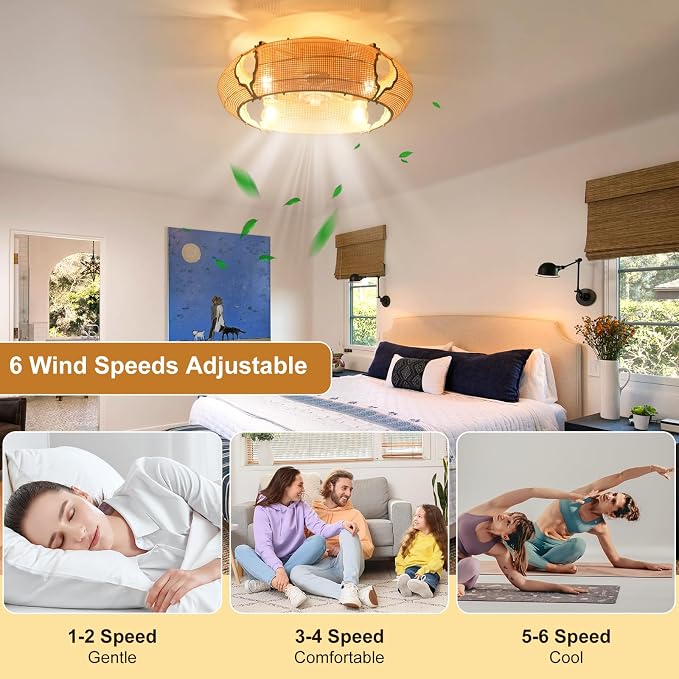 Ganeed 20.86" Boho Caged Ceiling Fan with Lights and Remote, Flush Mount Low Profile Rattan Ceiling Fans with Lights, Enclosed 6 Speeds Farmhouse Woven Ceiling Fan for Bedroom, Living Room, Kitchen