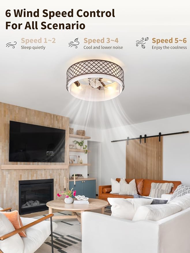 20" Farmhouse Rustic Flush Mount Ceiling Fan with Light, Brown Ceiling Fans with Lights Low Profile, Enclosed with Remote Control 6 Speeds for Living Room, Bedroom, Nursery