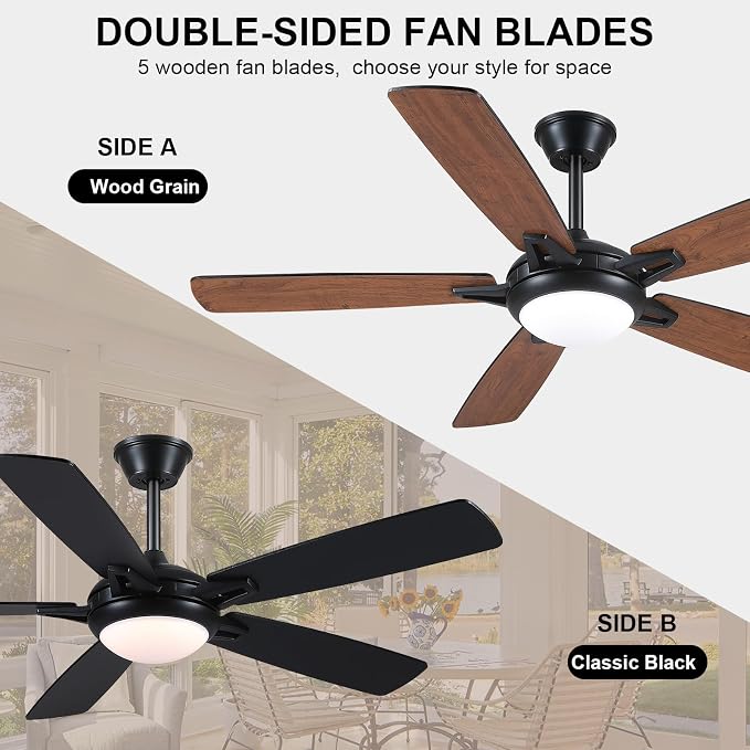 Kviflon 52 Inch Ceiling Fans with Lights and Remote, Modern Indoor Outdoor Ceiling Fan for Bedroom Living Room Patio Porch, 6 Speeds, Reversible Quiet Motor, Dual Finish Wooden Blades, Brown