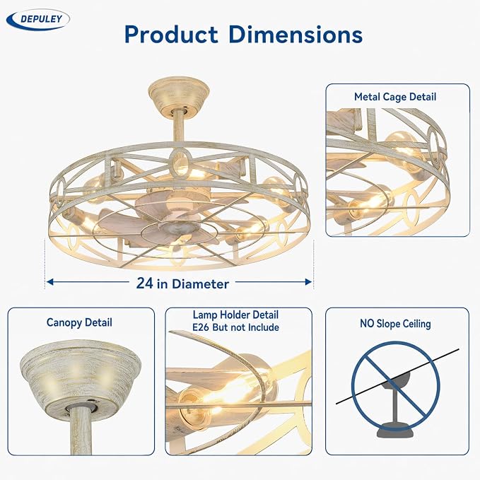 Depuley Caged Ceiling Fans with Light: 24-Inch Cement Enclosed Farmhouse Fandelier for Kitchen Bedroom - Industrial Semi Flush Mount Ceiling Fan with Remote 6 Speeds Reversible Motor Timer