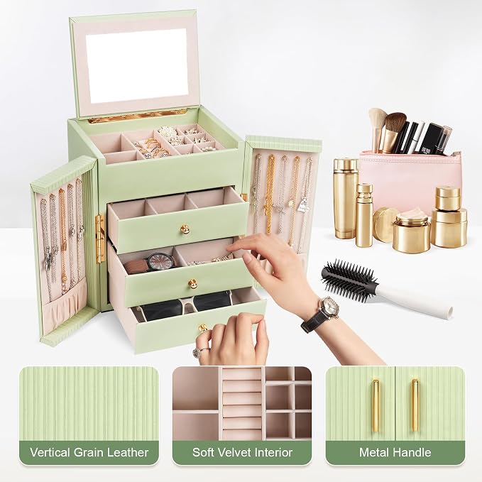 Dajasan Large Jewelry Box Organizer, Jewelry Storage Organizer with 3 Drawers, Huge Jewelry Box with Mirror for Women Girls, Double Door, Textured PU Leather, Gift Idea, Stylish (Green + Gold)