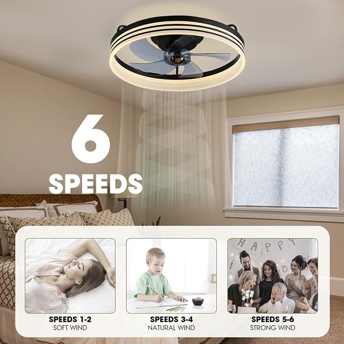 LUDOMIDE Smart Ceiling Fan with Lights and Alexa/Google Assistant/APP Control, 20" Low Profile Fan with 6 Speeds, for Bedroom, Living Room, Patio
