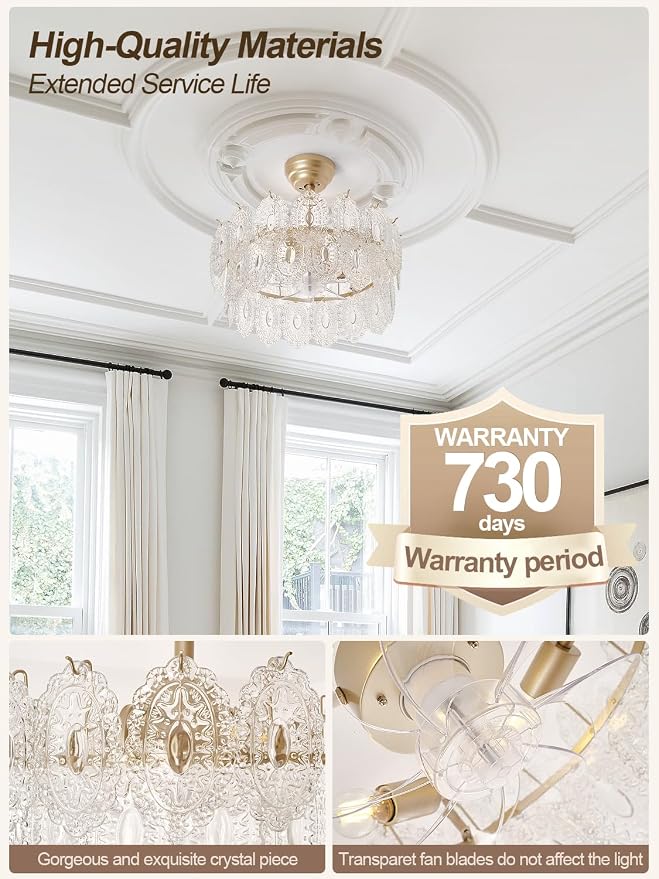 20" Gold Fandelier Ceiling Fans with Lights, Crystal Chandelier Ceiling Fans with Lights Remote Control, Mid Century French Caged Fandelier with 6 Speeds for Bedroom, Living Room