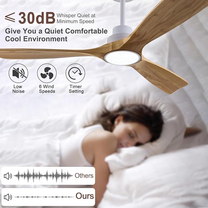 QUTWOB 52" Wood Ceiling Fan with Light, Reversible DC Motor, Remote Control | solid wood blades, quiet 6-speed reversible dc motor, remote with memory, 3-color led, for indoor outdoor patio bedroom
