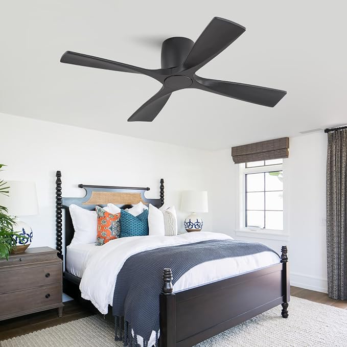 WINGBO 54 Inch Ceiling Fan Without Light, Solid Wood Flush Mount Ceiling Fan with Remote Control, Reversible DC Motor, 4 Blades, 6-Speed Quiet Performance, for Bedroom & Living Room, Black