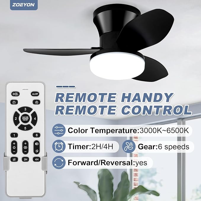 Small Ceiling Fan with Light - 26 Inch Flush Mount Ceiling Fan with Lights and Remote, Low Profile Ceiling Fans with 3 Reversible Blades, 6 Wind Speeds, Black Ceiling Fans for Bedroom