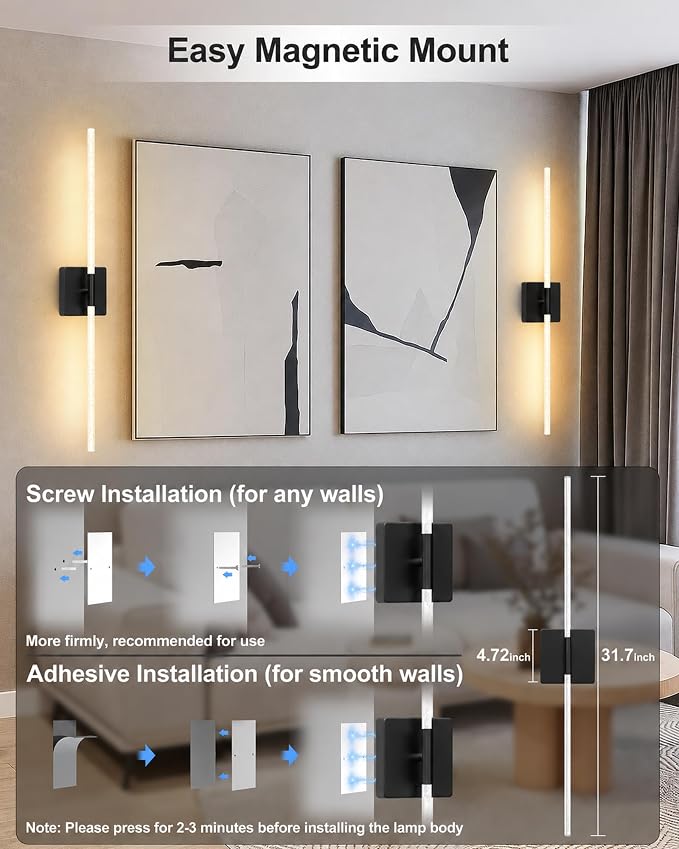 iThird Wall Sconces Battery Operated Set of 2: Wireless Rechargeable Wall Sconce with Touch&Remote, Dimmable Wall Lights Scone for Bedroom Living Room Hallway, 31inch (Black, Bubble Crystal)