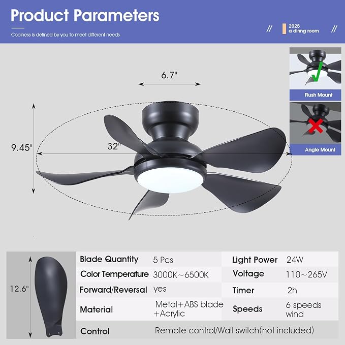 Kviflon 32 Inch Modern Ceiling Fans with Lights, Small Flush Mount Ceiling Fan with Light Remote Control, 5 Reversible 6 Speeds Curved Blades, 3 CCT Dimmable Lights for Kids Room Bedroom, Black