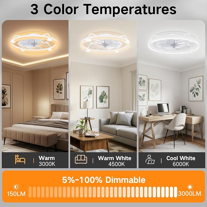 OUTON 24" Ceiling Fan with Light, Remote & App Control, Fandelier Low Profile Flush Mount Ceiling Fan with 3000K-6500K Stepless Dimmable, 6 Speed, Quiet DC Motor, Modern Ceiling Fans for Bedroom White