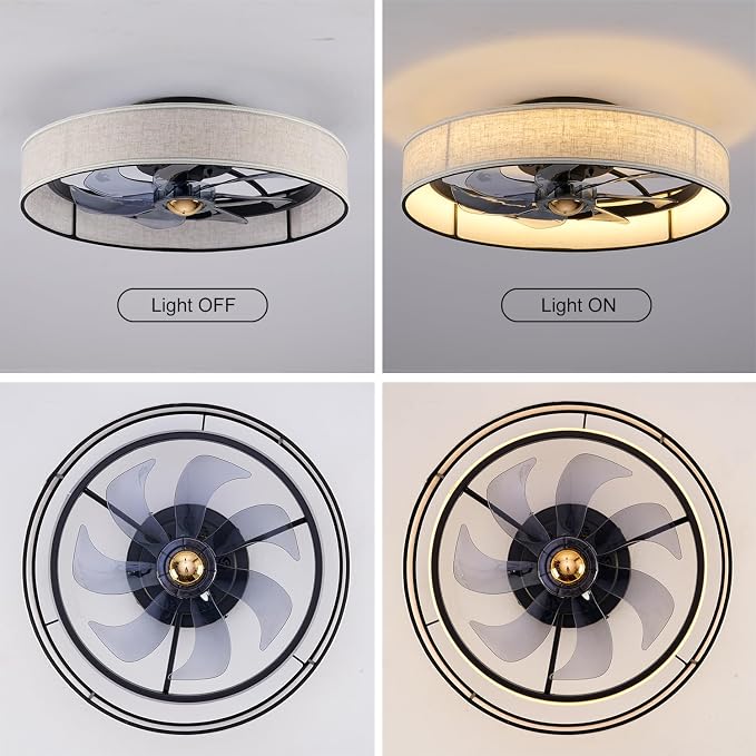 19.6" Low Profile Caged Ceiling Fan with Light and Remote,Flush Mount Smart Fandelier, 6 Speed Settings, Adjustable 3000K-6500K LED, Bladeless Fabric Design, Modern Farmhouse Ceiling Fans for Bedroom