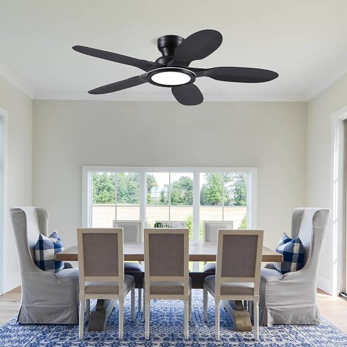 Kviflon Ceiling Fans with Lights and Remote/APP Control, 52 inch Low Profile Ceiling Fans with Dimmable White + RGB Ring Lights, 6 Speeds 5 Curved Blades for Kids Room Bedroom Bar, Black