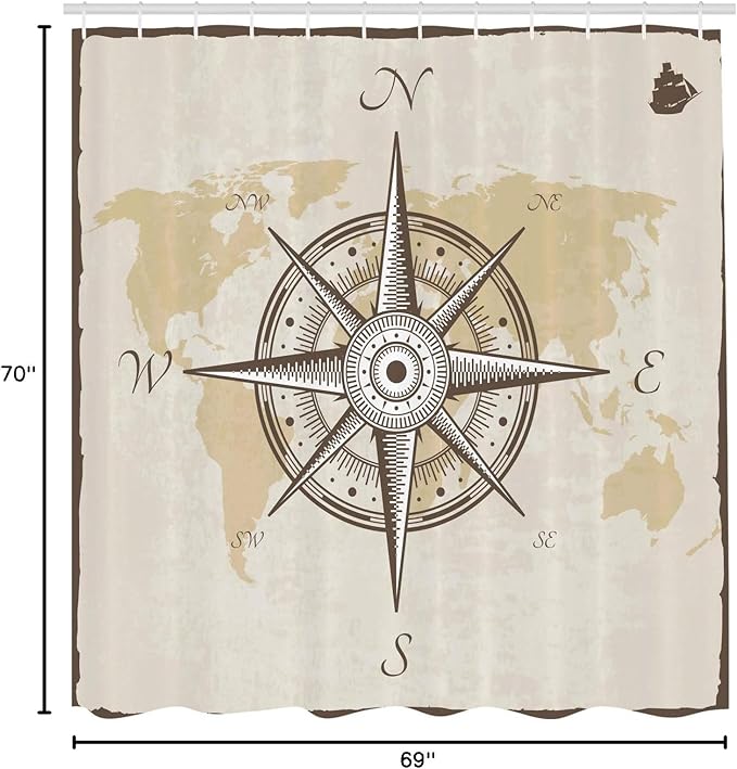 Ambesonne Compass Shower Curtain, Nautical Compass on Background Old Map with Torn Border Frame Illustration Print, Cloth Fabric Bathroom Decor Set with Hooks, 69" W x 70" L, Taupe Beige