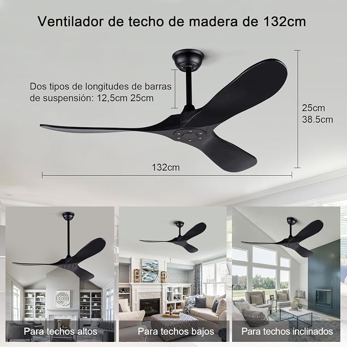 52 Inch Ceiling Fans without Lights, Black Ceiling Fans no Lights with Remote Control, 3 Solid Wood Blades， Indoor Outdoor Ceiling Fan for Living Room Patios Bedroom Kitchen