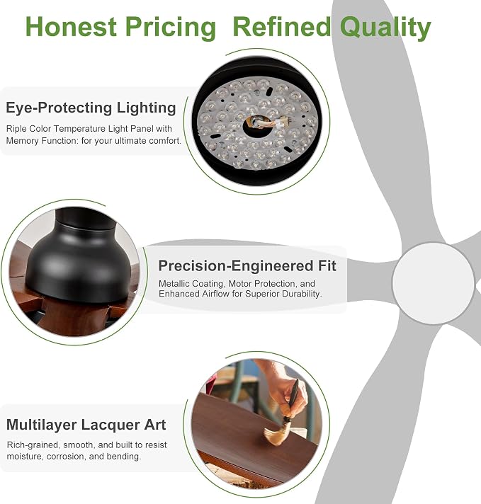52 Inch Flush Mount Ceiling Fans with Lights, Remote, Dimmable, Power-Off Memory, Quiet DC Motor,5 Blades Wood Ceiling Fan with Light, Low Profile Outdoor/Indoor Hugger Ceiling Fan for Patio