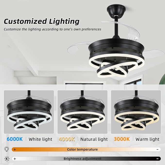 Retractable Ceiling Fan with Lights,Dimmable,6 speeds,DC Motor,36 inch Modern DIY Black Ceiling Fan with Lights Remote Control for Bedroom Living Room Kitchen