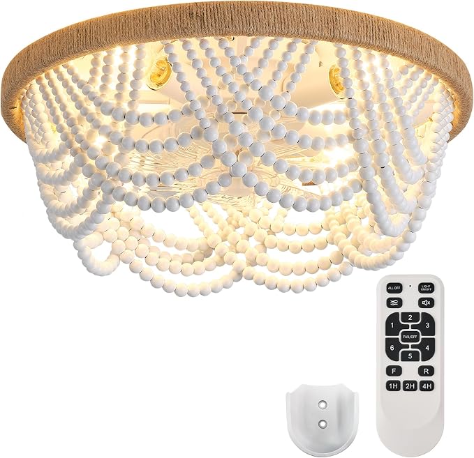 Ceiling Fans with Lights and Remote - Bulbs Included, Caged Fandelier with Handcrafted Beaded Décor 19 inches Reversible Flush Mount Installation Ceiling Fan, White