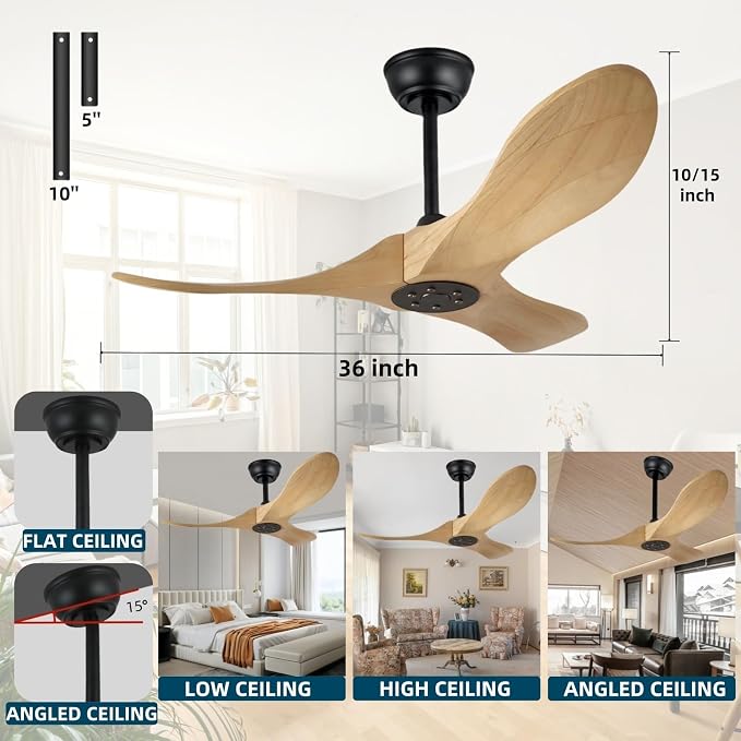 36 Inch Modern Ceiling Fan，3-Blade Lampless Remote Control Ceiling Fan for Bedroom, Kids Room Small Spaces(Natural Wood, 36 inch)