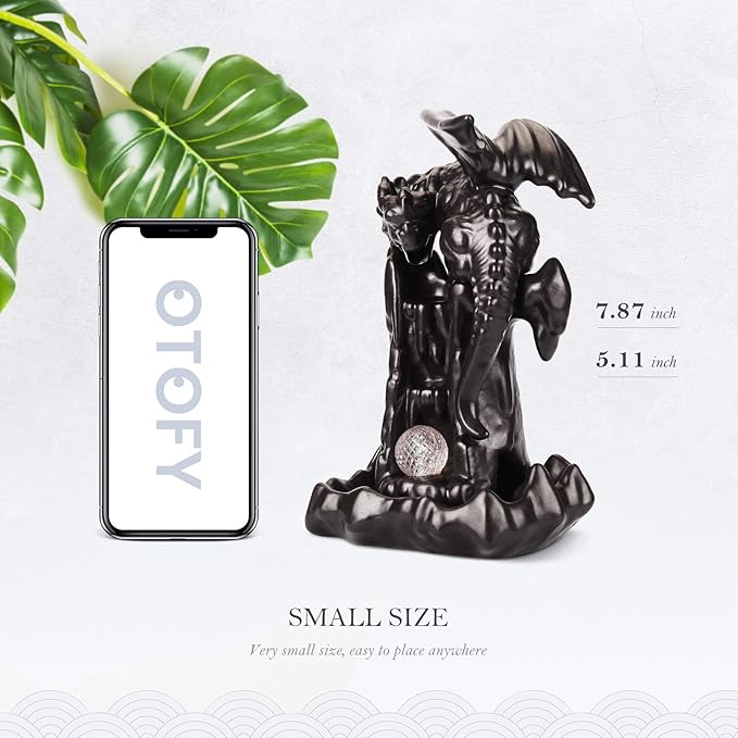 OTOFY Handmade Backflow Incense Burner Waterfall Incense Holder with 90 Incense Cones + 50 Incense Sticks Sets, Aromatherapy Ornament Home Decor Gift Decorations Statue(Black Brown led Dragon)