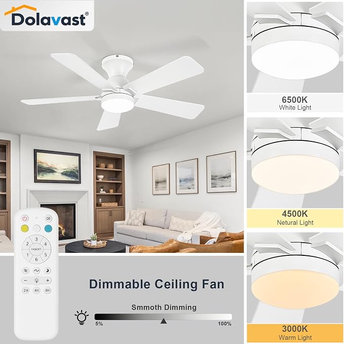 Ceiling Fans with Lights, 42 Inch Low Profile Ceiling Fan with Light and Remote Control, Flush Mount, Reversible, 3CCT, Dimmable LED, Quiet, White Ceiling Fan for Bedroom, Kitchen