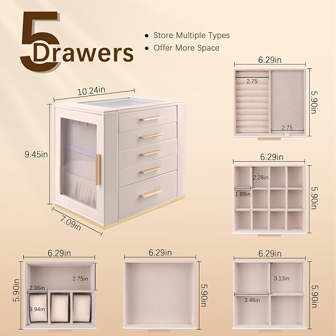 Homeanda Jewelry Box for Women with Glass Lid, 5 Drawers Jewelry Organizer and Storage for Necklaces, Rings, Earrings, Bracelets, Gift for Girls and Teens,PU Leather (Beige)