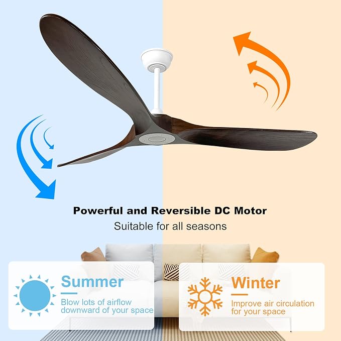 60 inch Ceiling Fan without Light,3 Solid Wood Blades Dark Walnut Finished,Outdoor Ceiling Fan for Living Room,Patio,Porch(White+Dark Walnut)