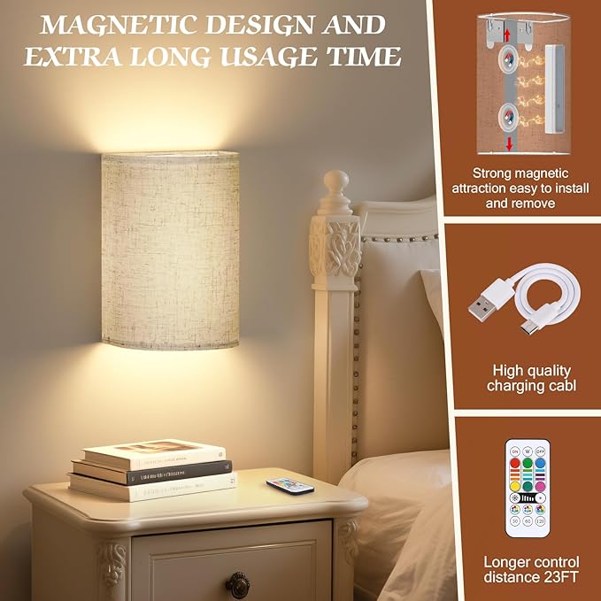 OCATO Battery Operated Wall Sconce: Wireless Wall Sconces Set of Two Magnetic Lamp Rechargeable Lights Dimmable with 16 RGB Colors Fabric Linen Shade with Remote Walls Decor for Bedroom Living Room