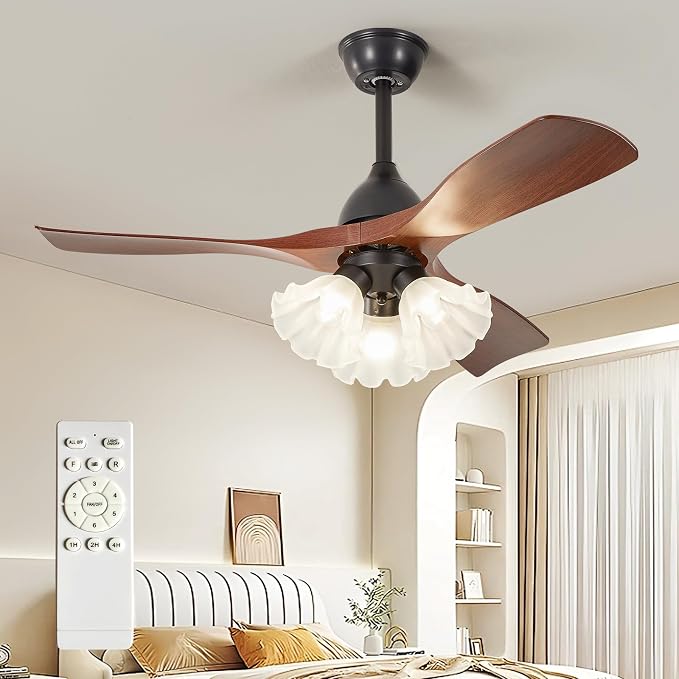 Ceiling Fans with Lights and Remote: 42-Inch Ceiling Fan 3 Blades Flower Low Profile Outdoor - Walnut Ceiling Fans with Remote Control Quiet Reversible DC Motor for Living Room
