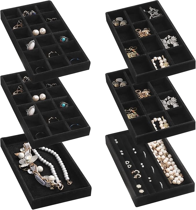 Frebeauty Jewelry Trays for Drawer,Set of 6 Jewelry Organizer and Storage | Velvet Material,Earring Holder Organizer,Stackable Jewelry Display for Vanity,Drawer Inserts for Rings,Studs,8.3×4.9 inch
